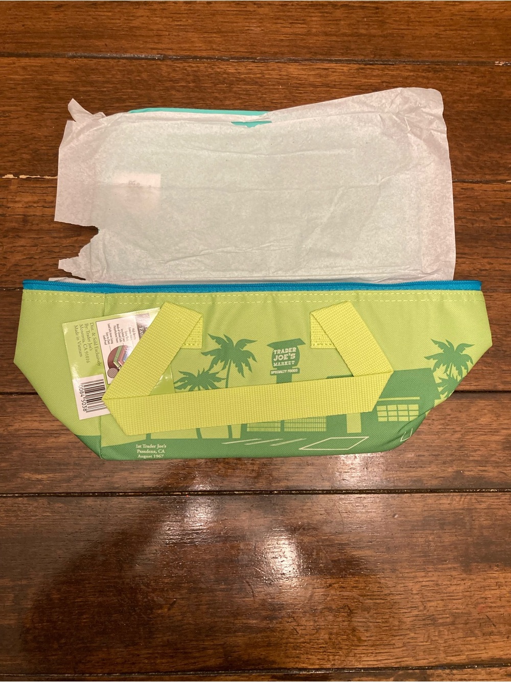 Trader Joe's lime green with blue zipper mini Insulated Tote Bag
